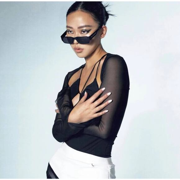 Maison Femalien Lina Cutout Strappy Mesh Bodysuit Black Small - Picture 2 of 8